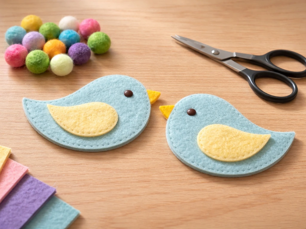 Felt bird ornament halves and felt balls on a wooden table, ready to stitch or glue.