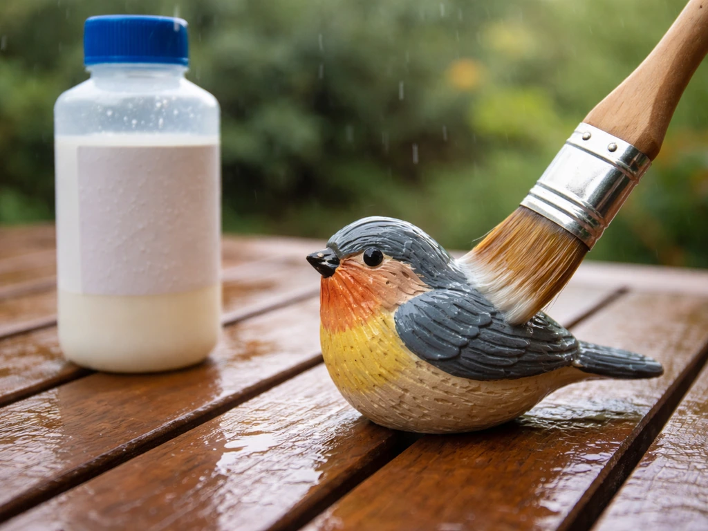 Brush applying clear outdoor sealer to a painted bird ornament outdoors, with an unbranded sealer bottle nearby.