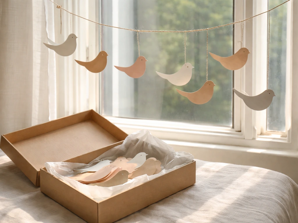 Paper bird ornaments strung on twine in a sunlit window with a small storage box and tissue paper