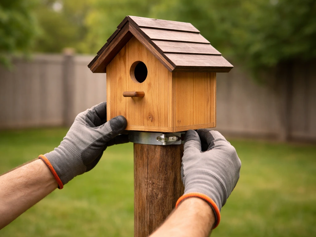 Hands securing a birdhouse to a sturdy wooden pole in a sunny backyard yard.