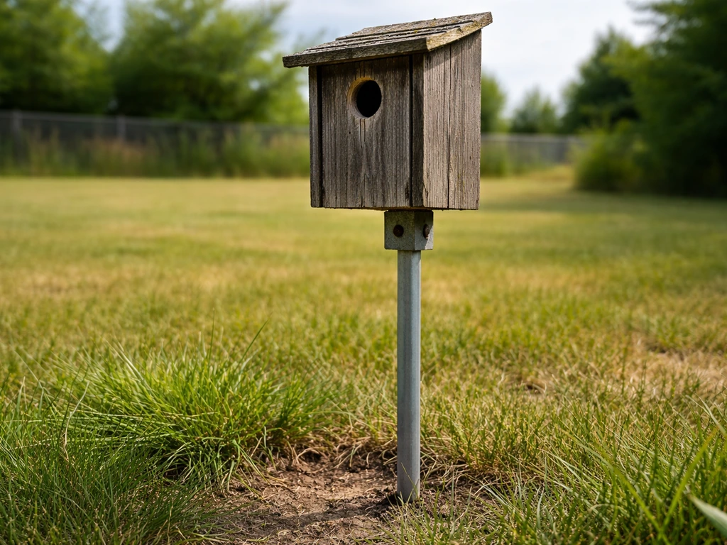 Close-up of a birdhouse pole being positioned so the entrance sits about 5–6 feet above ground