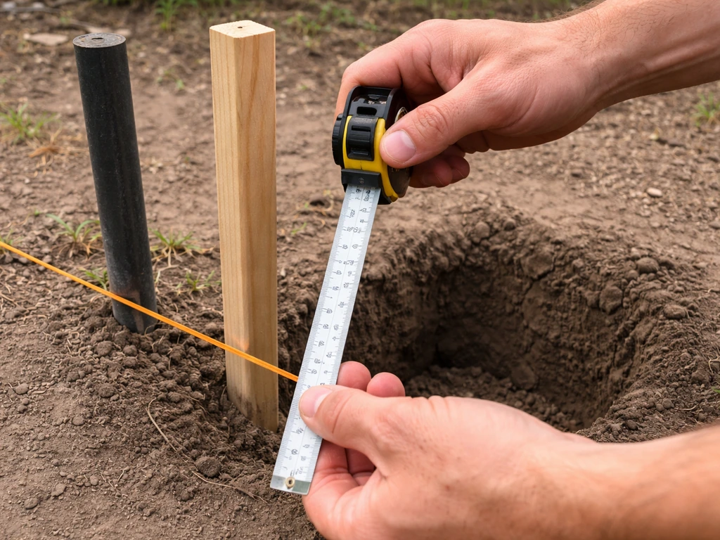 Close-up hands measuring outdoors beside soil hole and metal post segment with ground level twine mark.