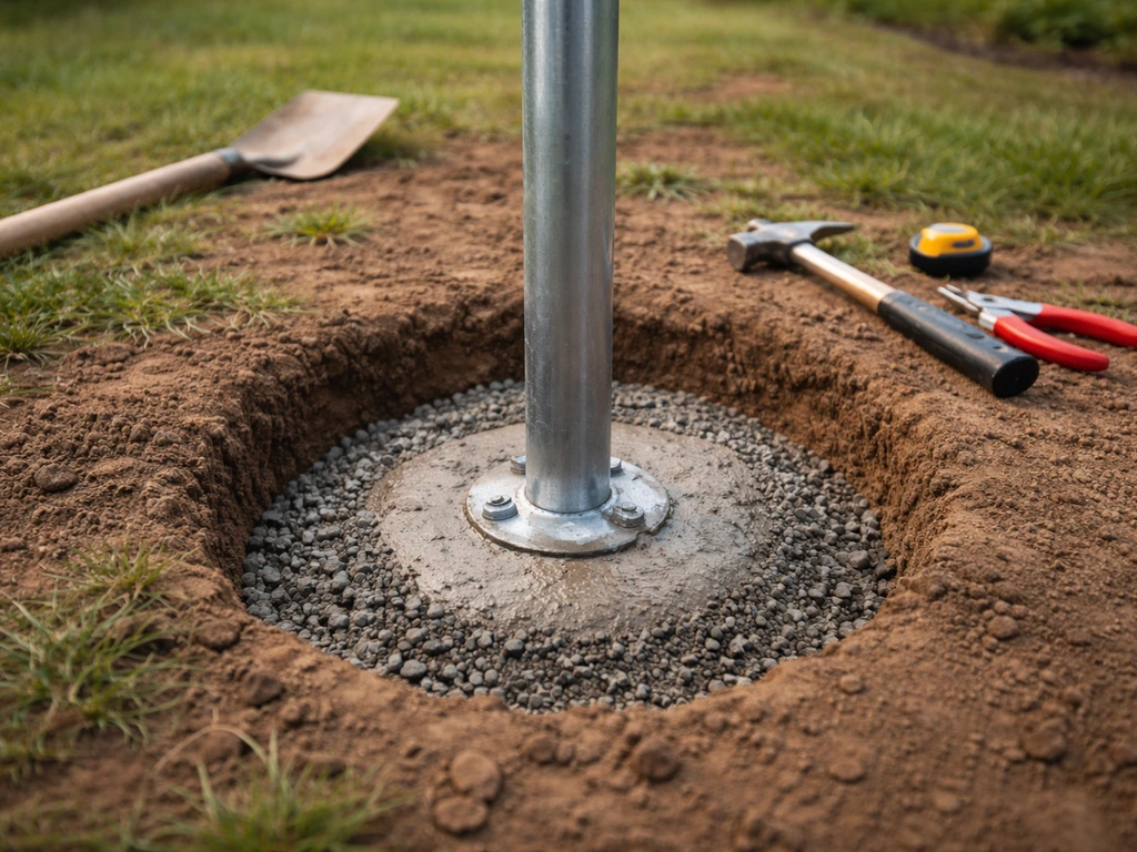 Metal conduit pole installed in an open hole with concrete and compacted gravel around the base.
