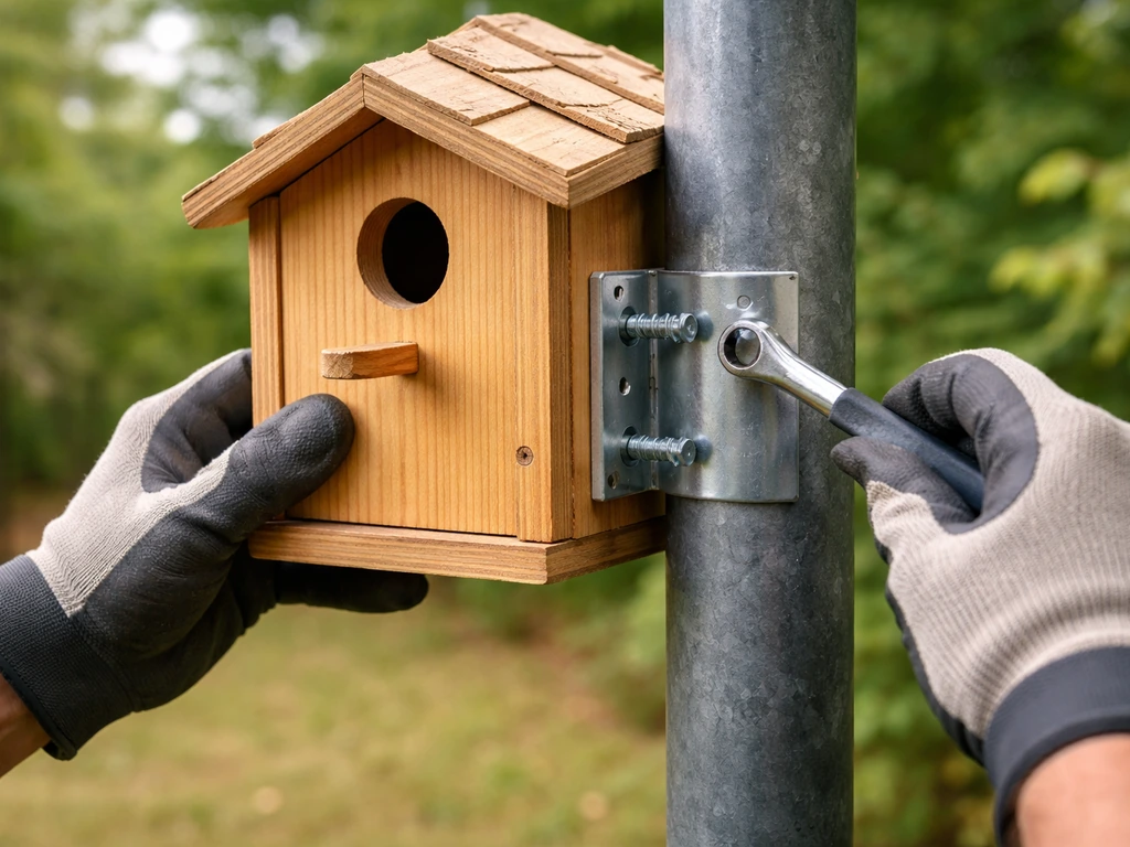 Gloved hands securing a wooden birdhouse to an outdoor pole with lag screws and hardware.
