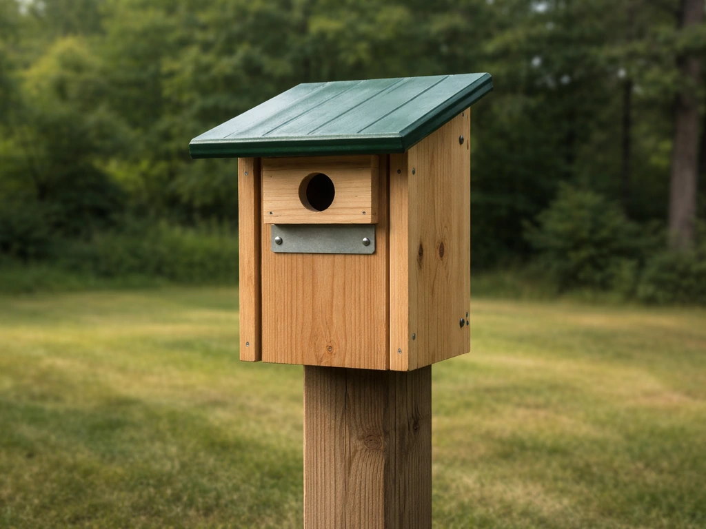 Predator-resistant starling bird house outdoors, entrance hole visible, mounted near yard and woodline.