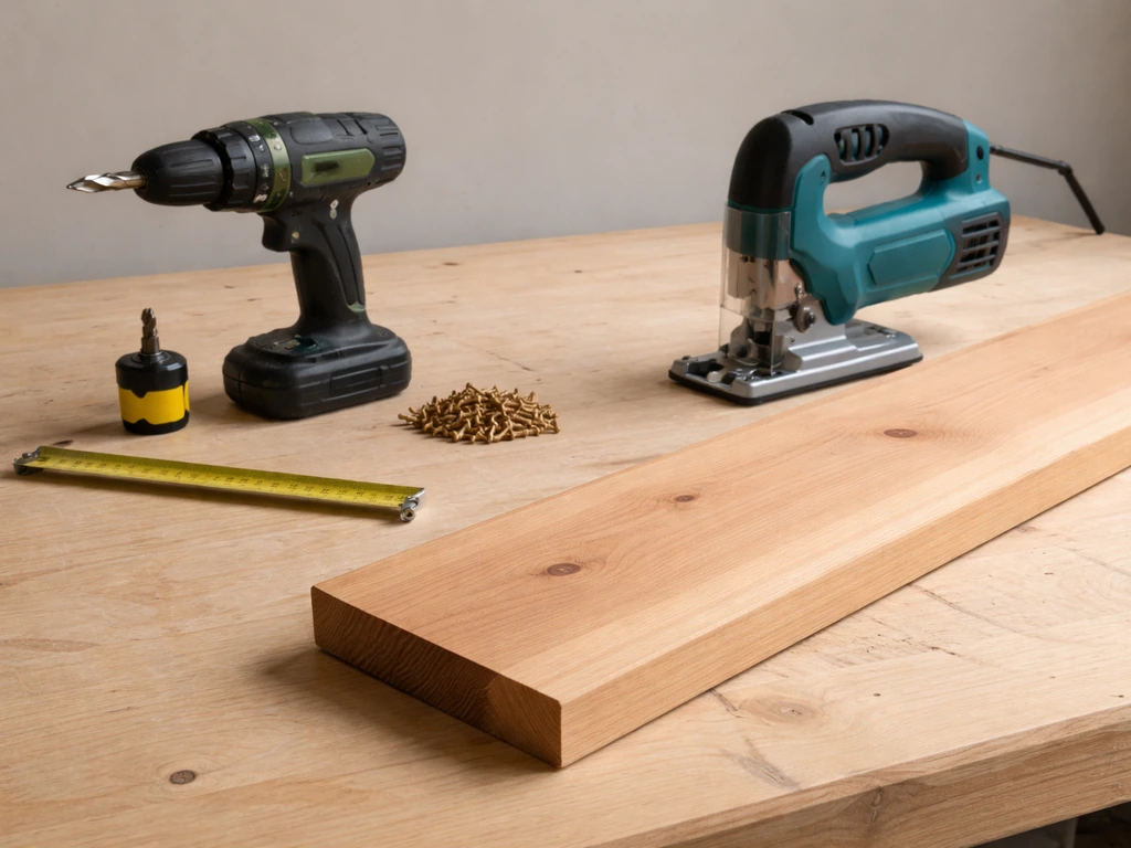 DIY nest-box tools laid out on a work surface: jigsaw, hole-saw bit, screws, cedar board, ruler.