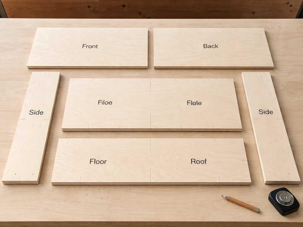Wood panels laid out with interior box piece sizes, showing front/back/sides/floor/roof layout
