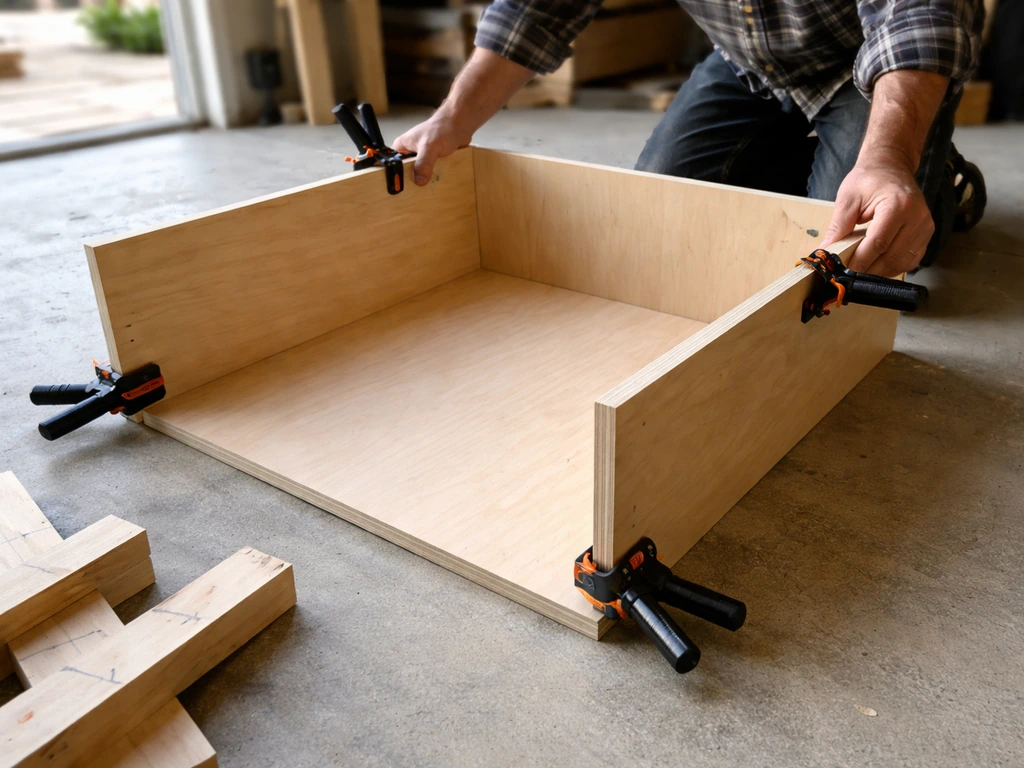Hands hold floor and side wood panels square with clamps during predator-resistant box assembly.