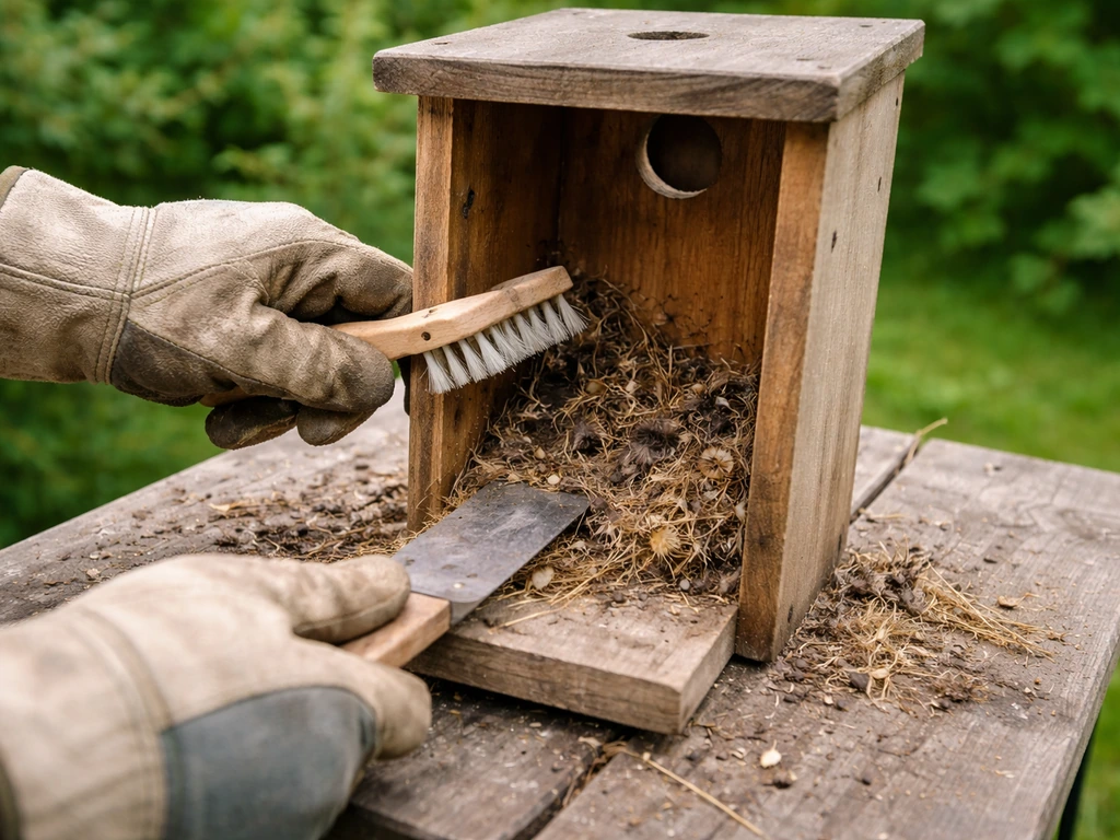 Gloved hands brush and scrape a wooden nest box clean of old nesting material for the next season.