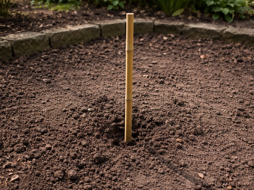 Garden cane pushed 30 cm into soil near a planned bird table spot, quick site check for anchor depth.