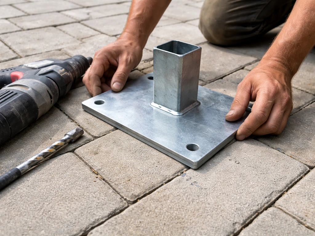 Hands installing a bolt-down base plate on patio concrete with drill holes and tools visible.