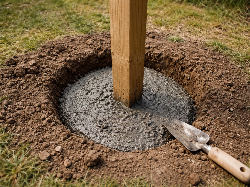 Concrete being packed around a wooden post set in a freshly dug hole for a bird table footing.