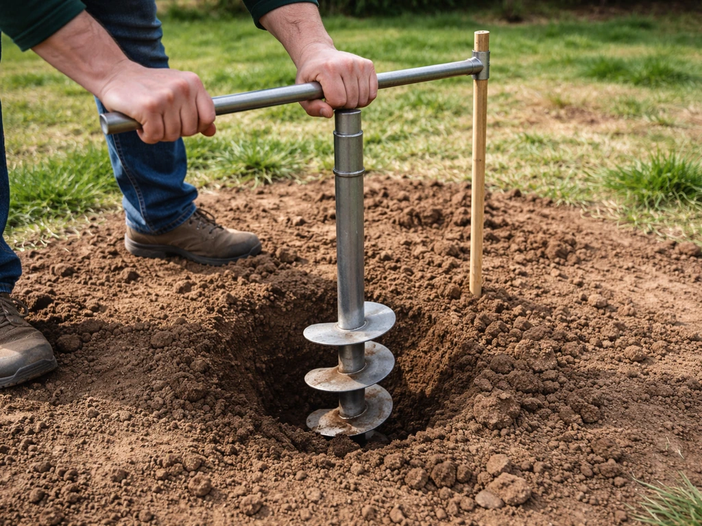 Hands rotate a lever to drive a helical auger ground anchor into soil at a marked center point.