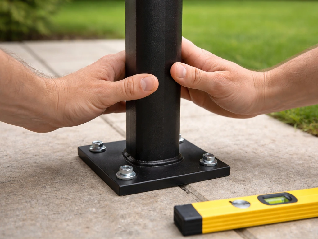 Hands pushing a bird table post firmly in place while a spirit level and fixings are visible for stability check.