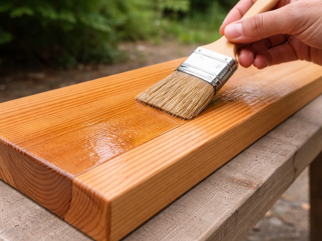 Close-up of a wooden robin shelf’s exterior surface being brushed with linseed oil