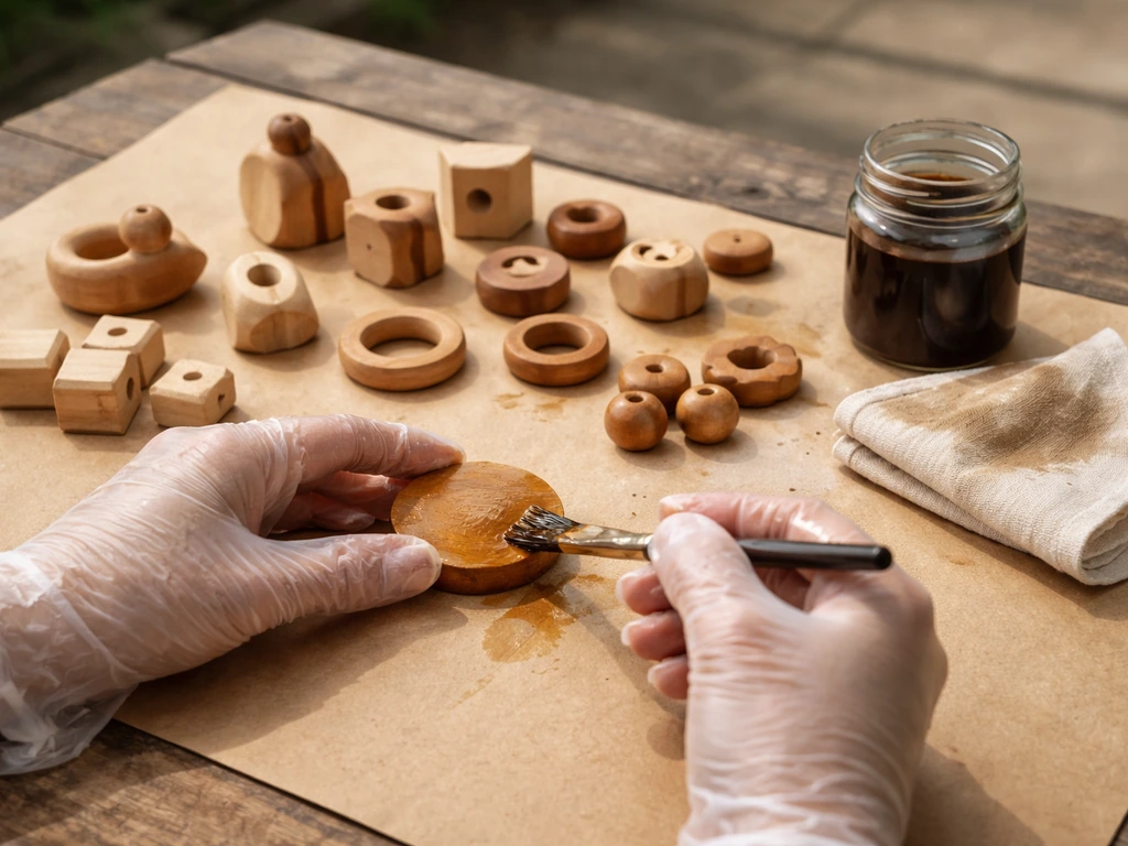Wood pieces being dyed for bird toys on a covered workspace with gloves and a brush/cloth.