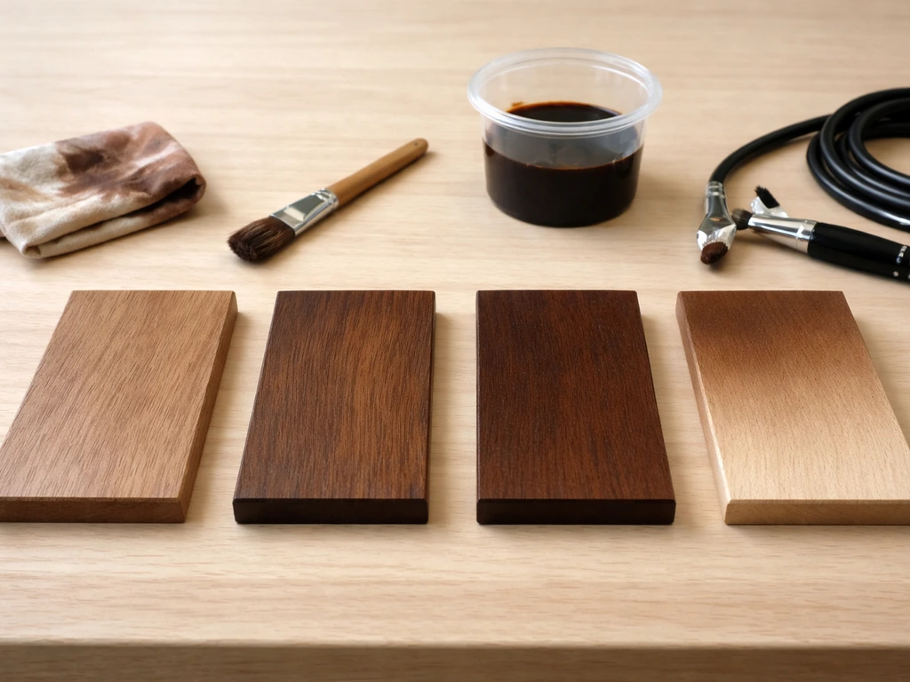 Four small wood test pieces showing different dye finishes: wipe-on, brush, soak, and spray.