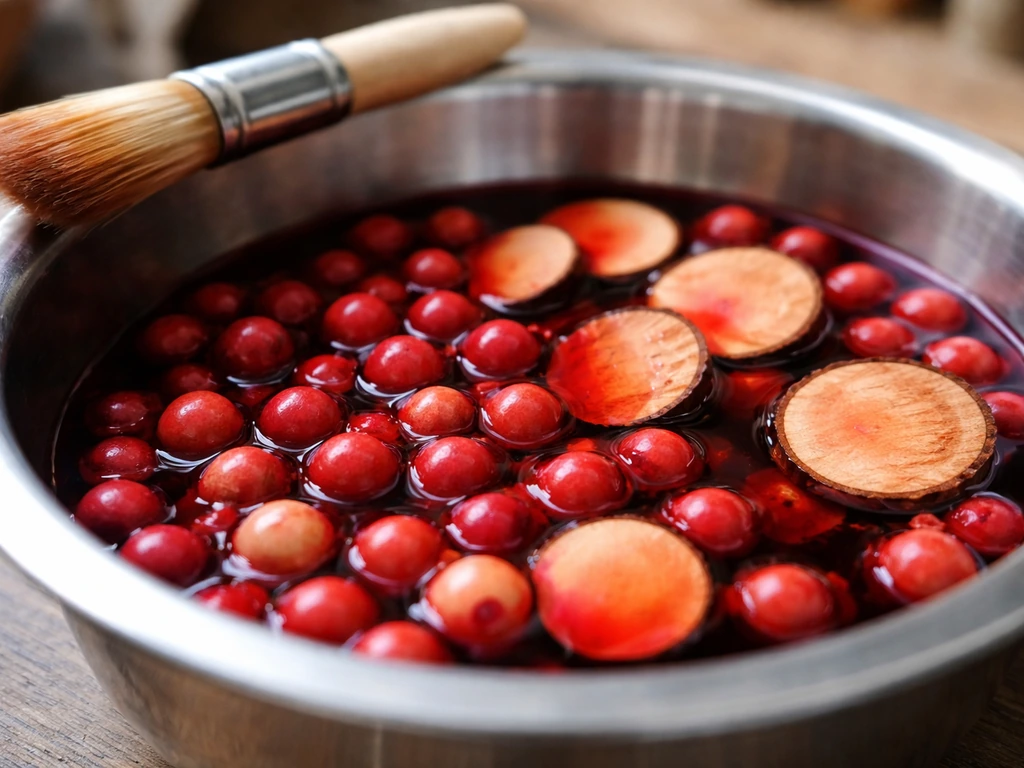 Small wood beads and thin slices soaking in a dye bath, showing even color saturation.