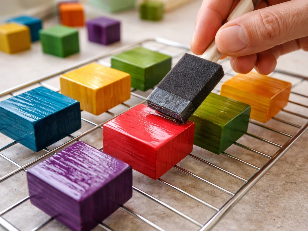 A brush applies thin coats of bird-safe sealer to dyed wood on a simple drying rack, ready to cure
