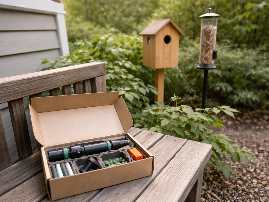 Disassembled projectile device boxed away next to a bird feeder and nesting box, emphasizing humane alternatives.