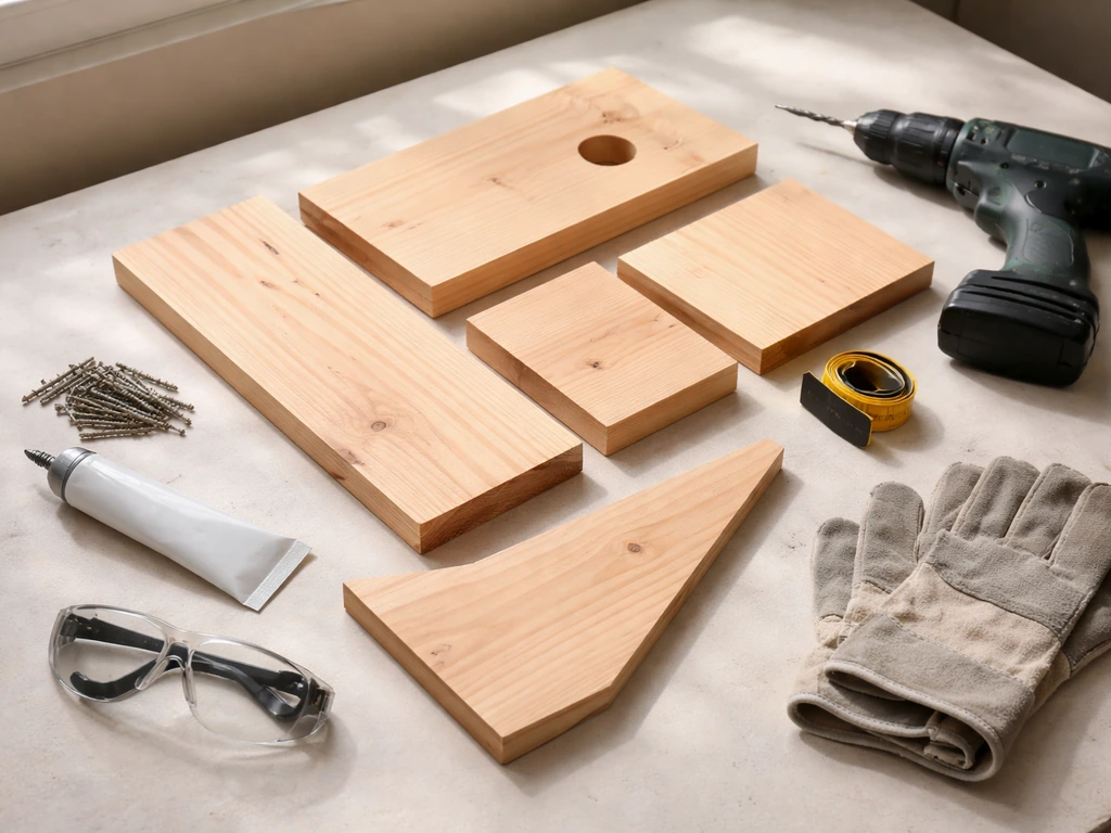 Untreated wood boards and basic tools laid out on a workbench for building a bird nesting box.