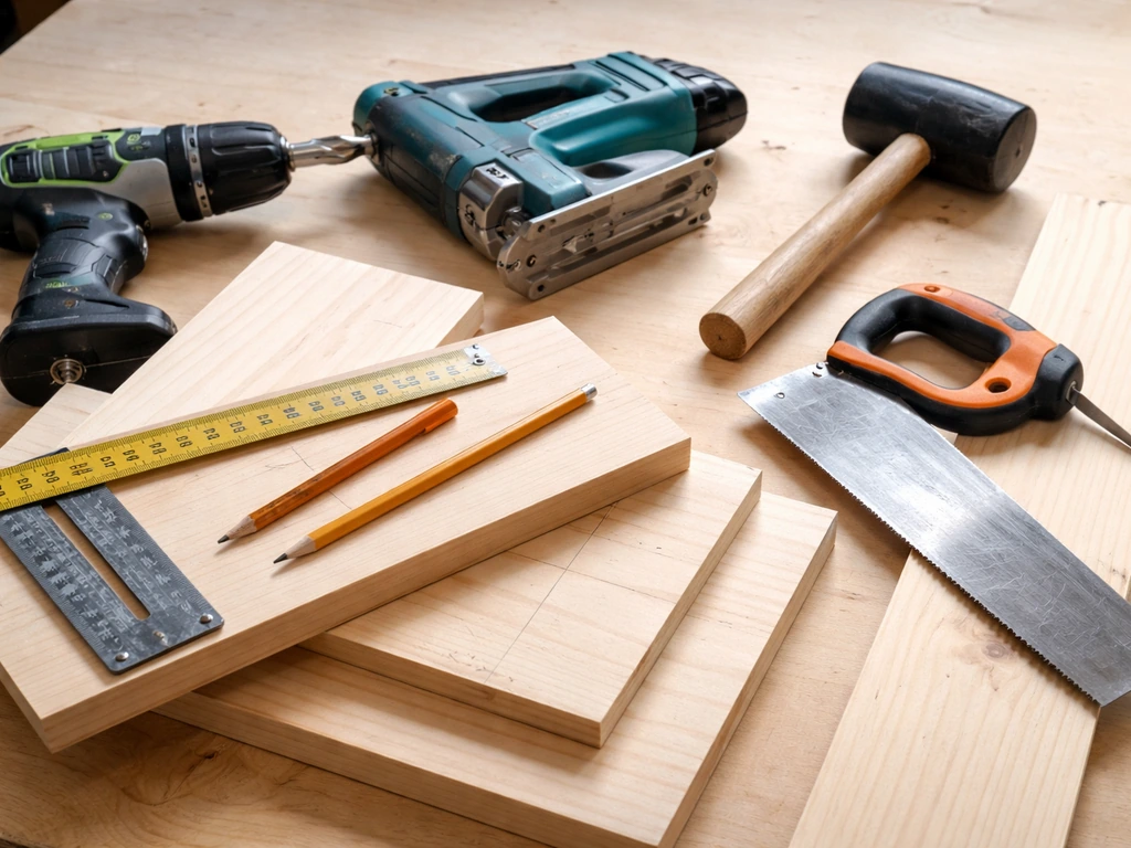 Close-up of a drill with spade bit, jigsaw, square, mallet, and pencil on cut lumber with measurement marks.