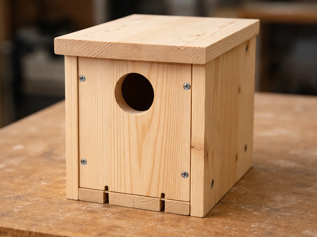 Nearly finished wooden nesting box on a workbench, showing entrance hole and fitted panels.
