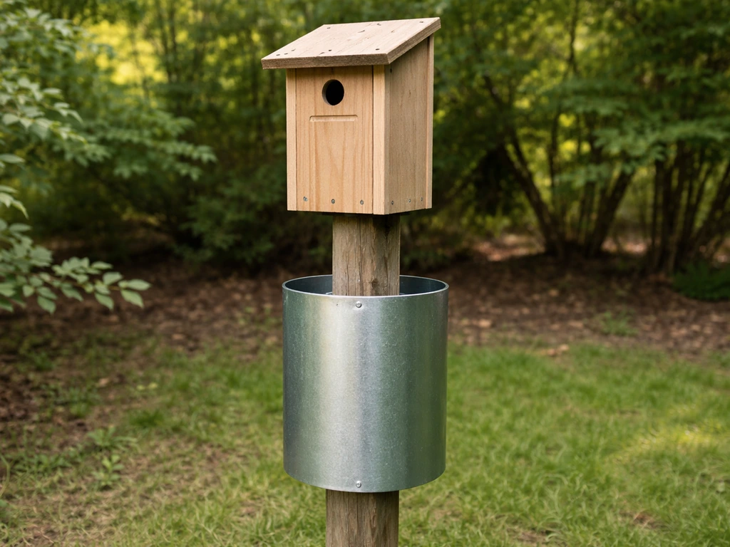 Nest box on a post with a metal predator guard deflecting climbing predators, in a quiet garden.
