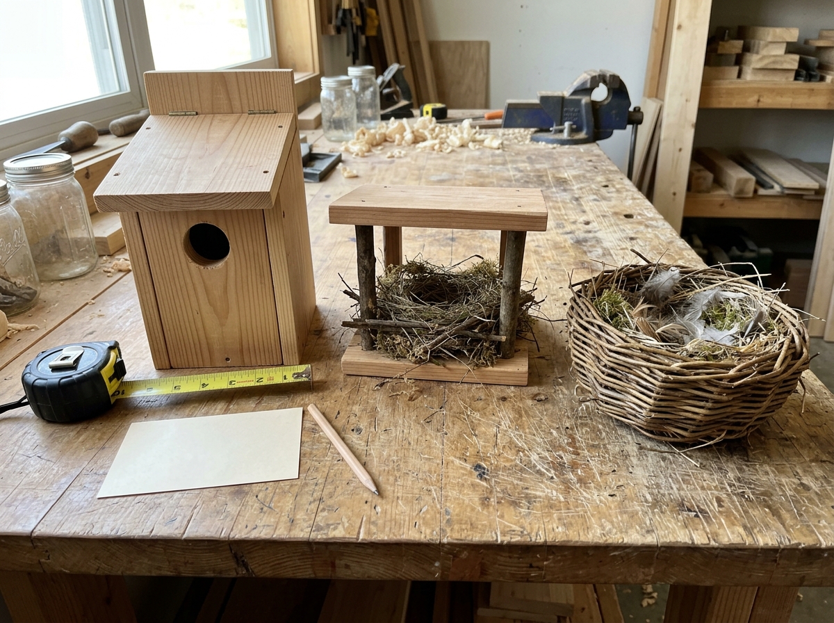 Three different bird nest types laid out side by side on a workbench.