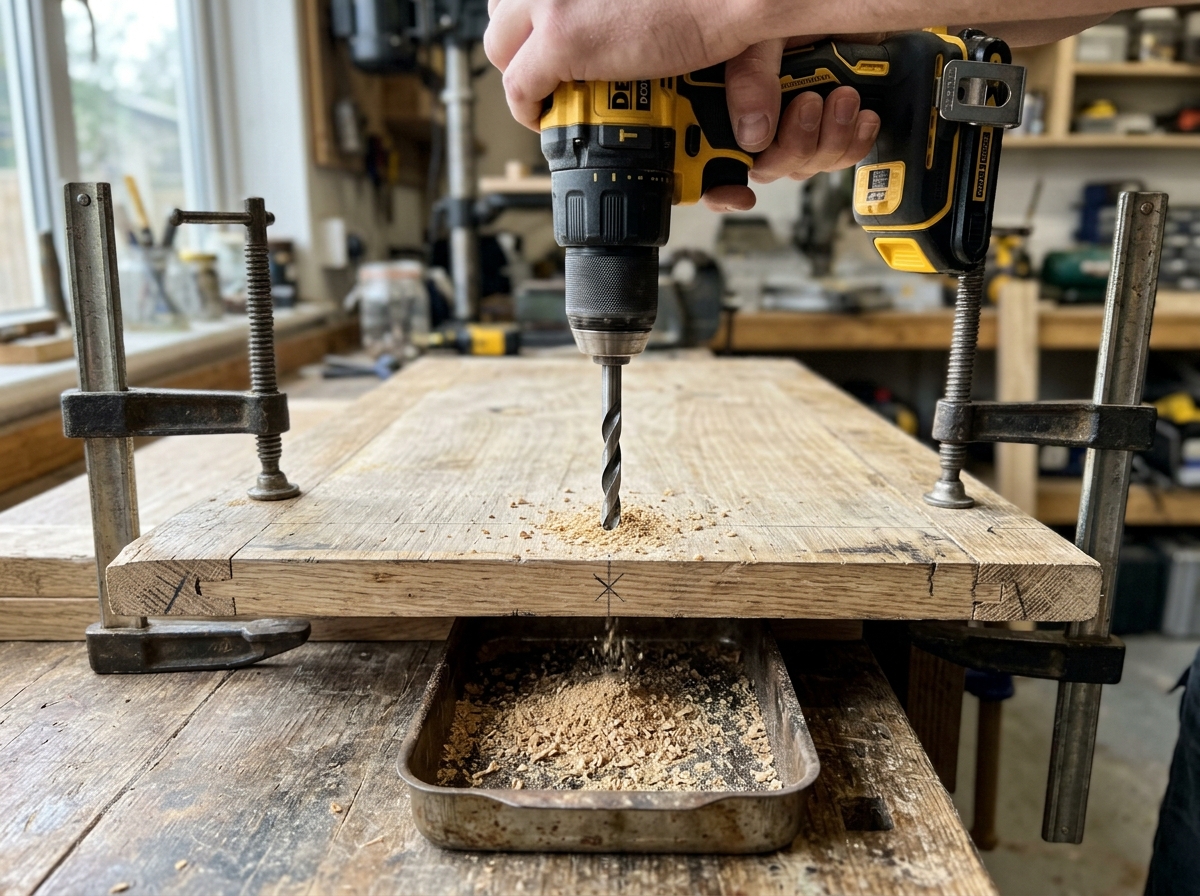 Drilling the entrance hole in the nest box front wall panel.
