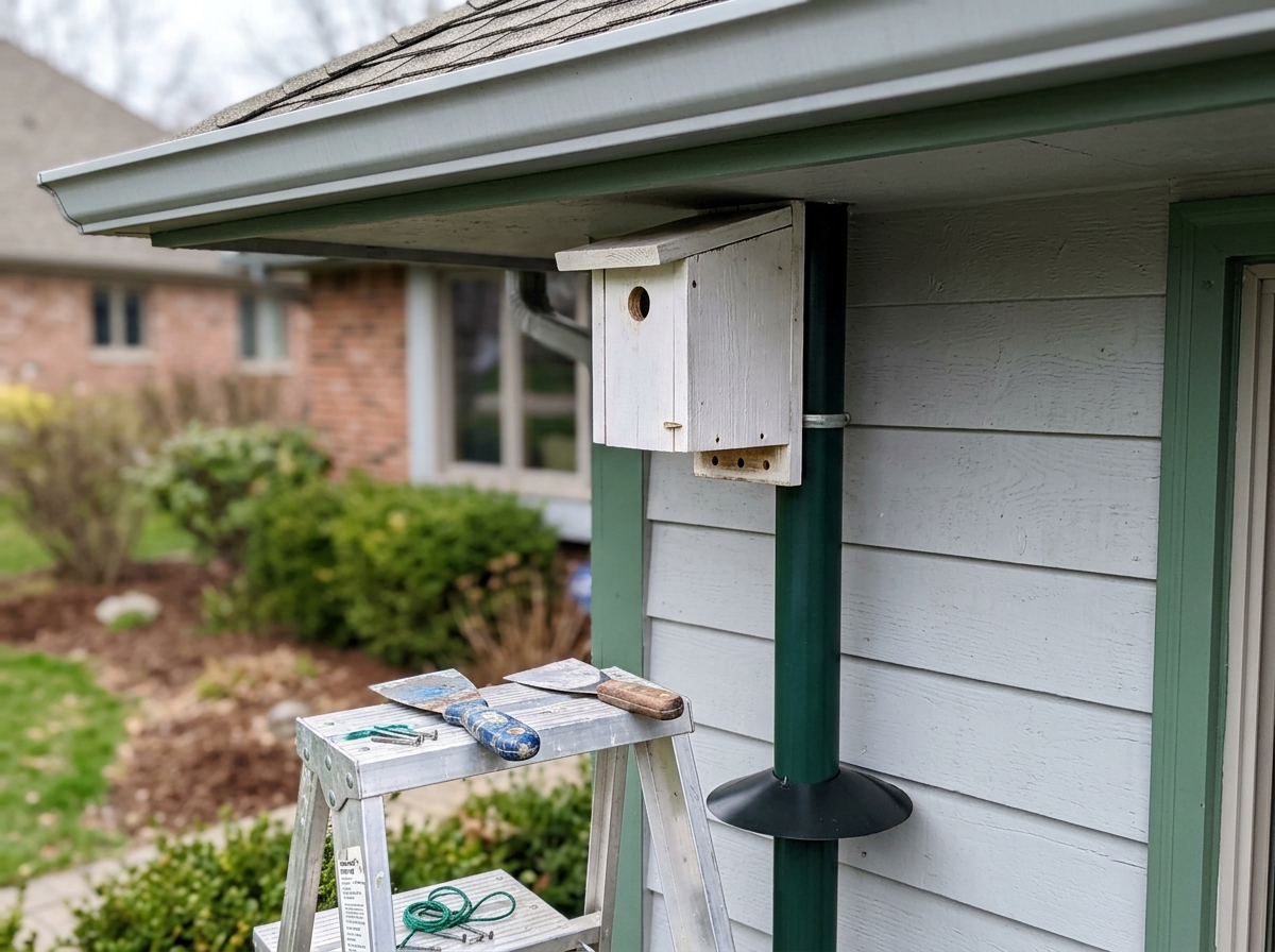 Nest box installed under an overhang with predator guard, maintenance tool nearby.