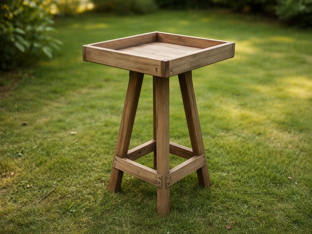 A completed simple outdoor bird table with a stable stand in a backyard garden, tray platform with raised edges.