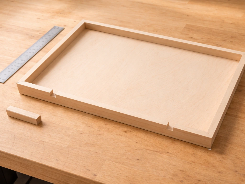 Top-down photo of a simple bird tray template with raised edges and drainage gaps on a wooden bench.