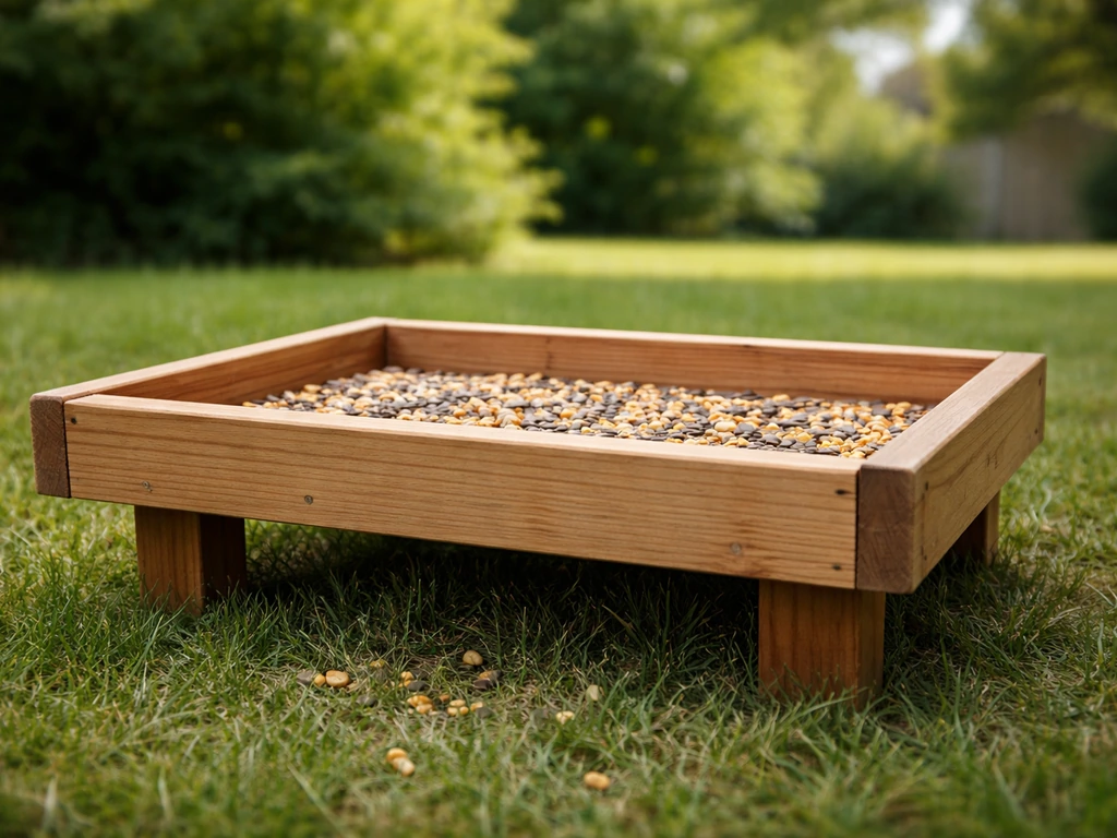 Wooden platform bird feeder in a yard with seed near the edges on the feeding surface.
