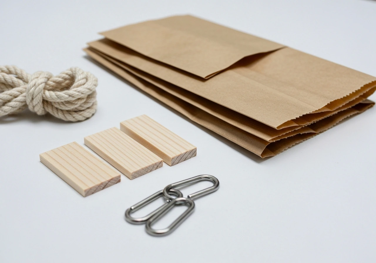 Close-up of untreated wood, paper strips, cotton rope, and stainless quick links laid out on a table.