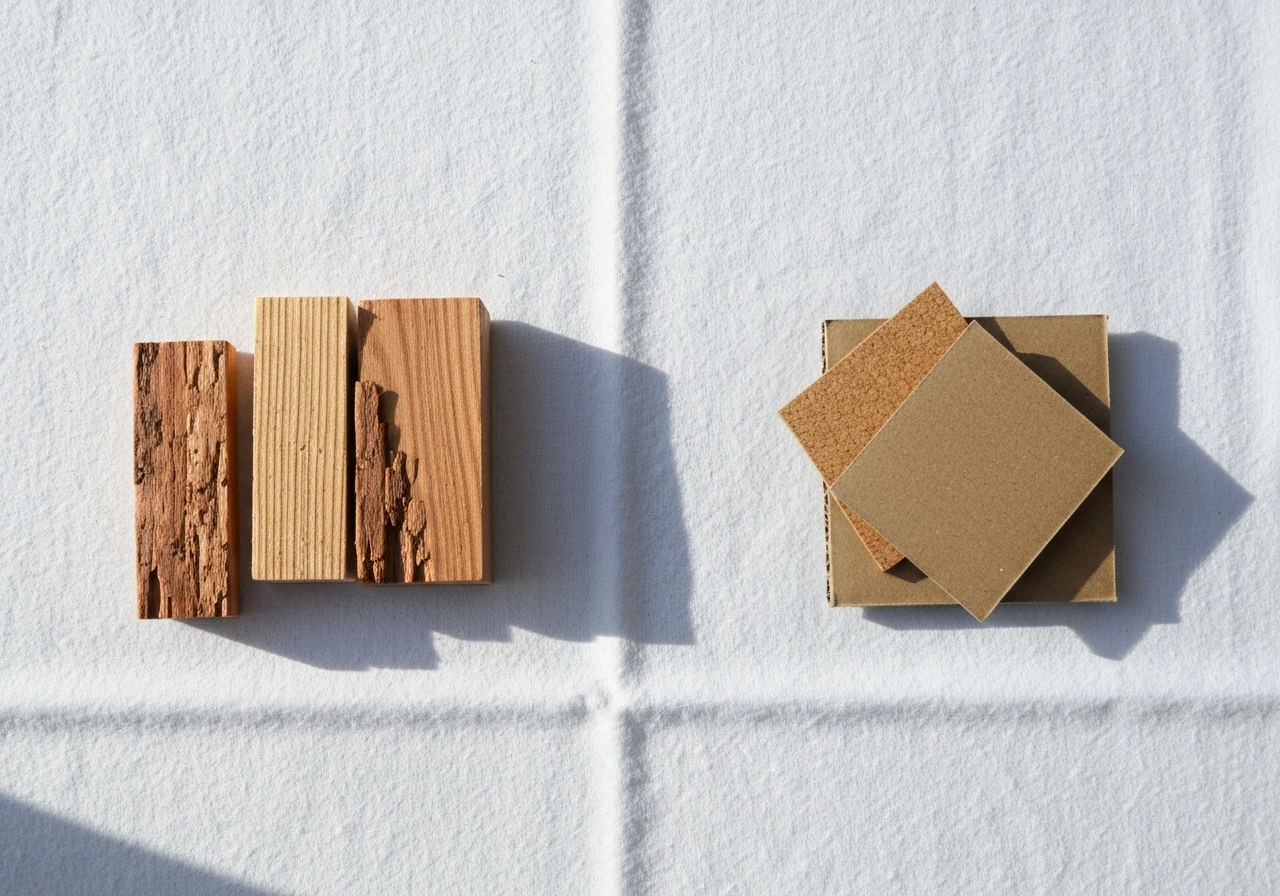Left shows cedar-like wood chunks; right shows safer plain cork and unpainted cardboard on a white cloth.