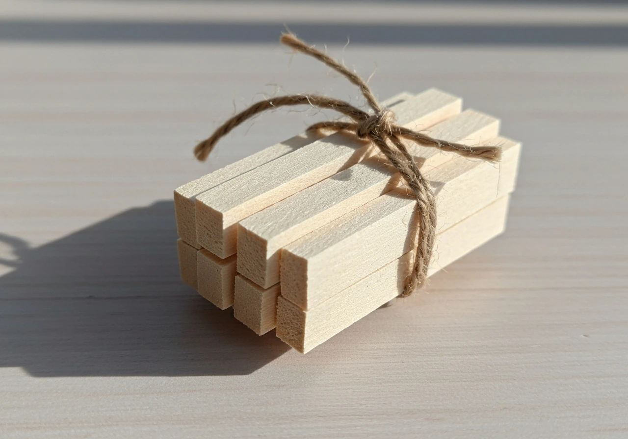 Hand holding a small bundle of sanded balsa blocks and chew sticks tied with safe twine