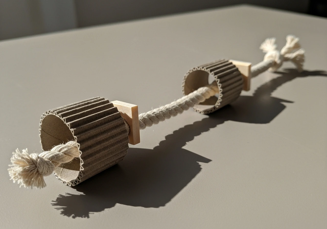 Cardboard tube rings threaded on thick cotton rope with small balsa spacers, shown close-up on a table.