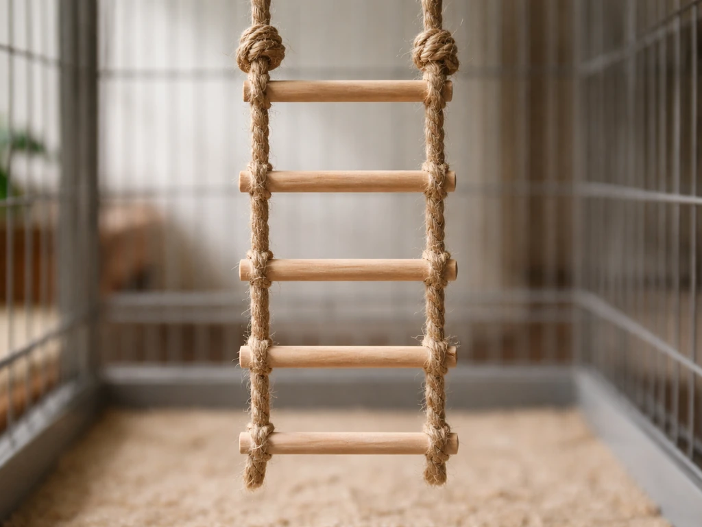 Small rope ladder made from sanded wooden dowels, tied between two rope sides in a cage.
