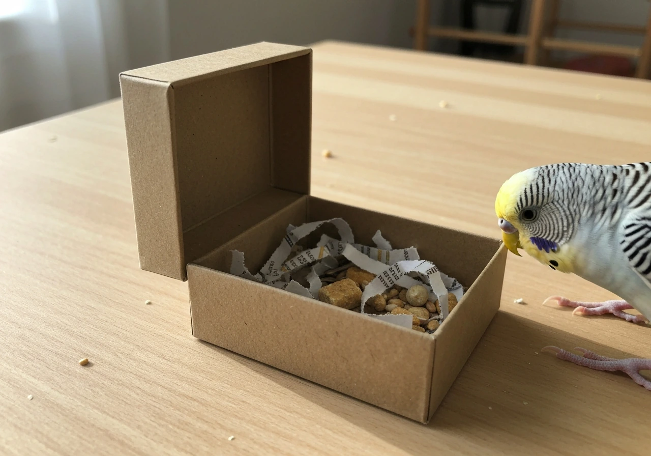 Budgie foraging in an open cardboard box filled with torn paper and visible treat pieces.