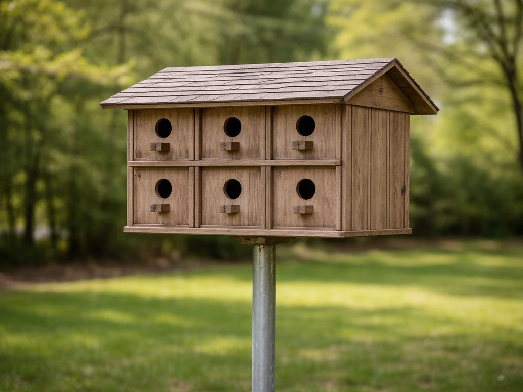 Finished DIY bird condo on a backyard pole, with visible compartments and entrance holes ready for nesting.