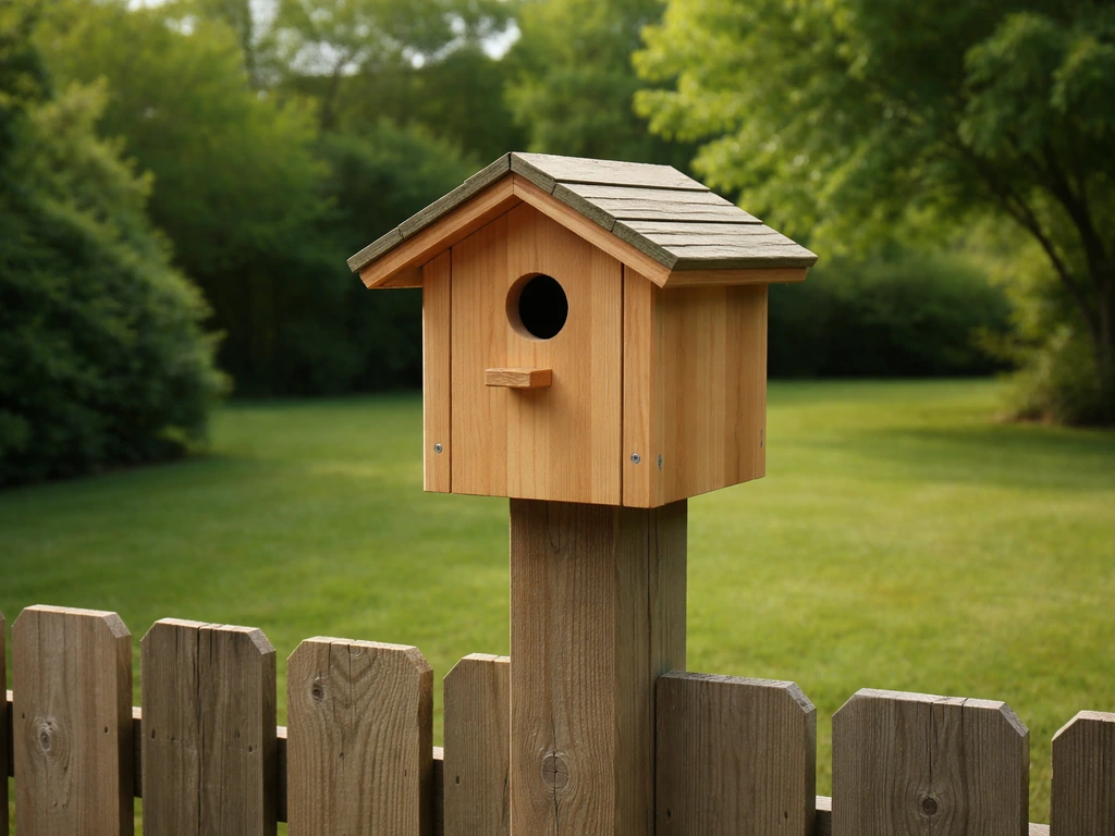 Backyard wooden fence with a bird condo mounted at the correct height, entrance facing open space.