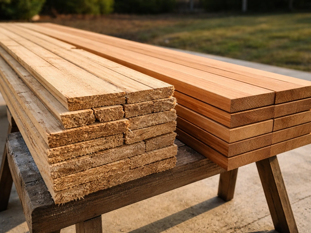 Close-up of exterior wood boards laid out side-by-side showing rough and properly finished choices.