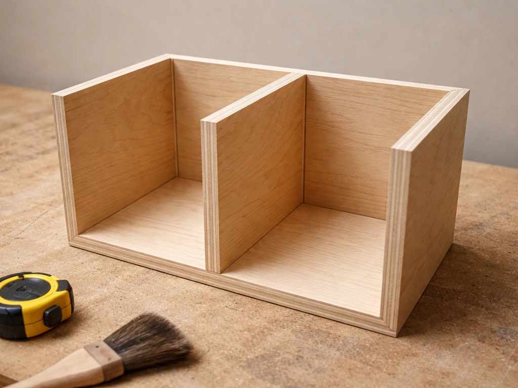 Partially assembled small cabinet with two adjacent compartments made from freshly cut wooden panels.