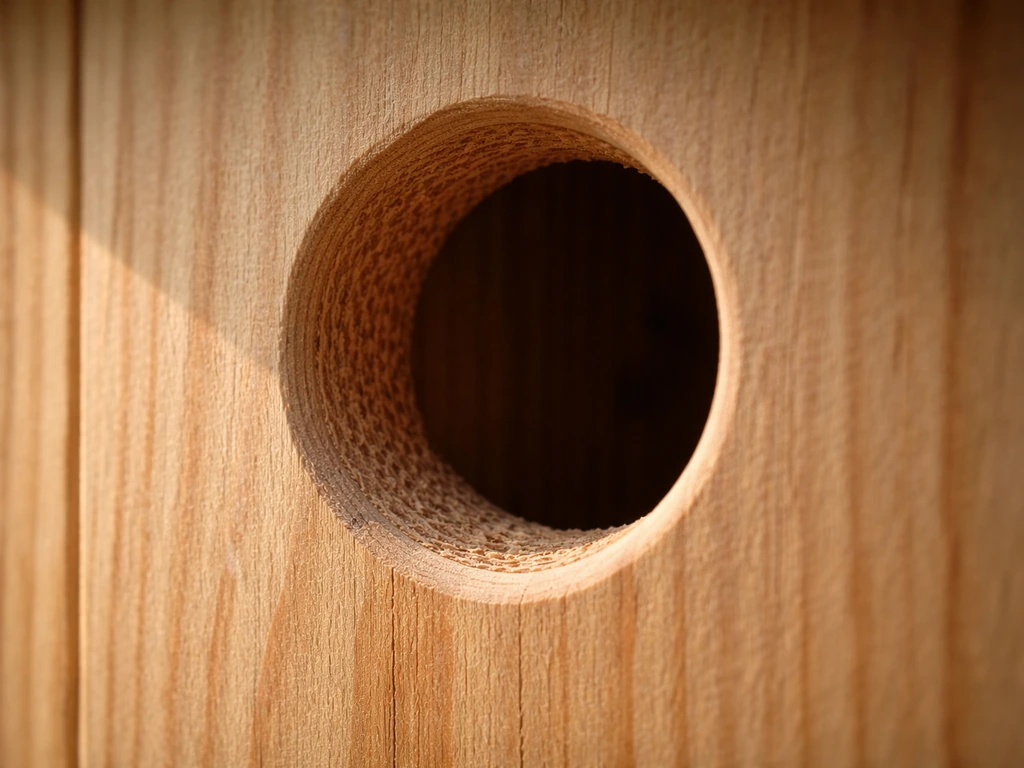 Close-up of a nesting box entrance hole with smooth outer edges and slightly rough interior for grip.