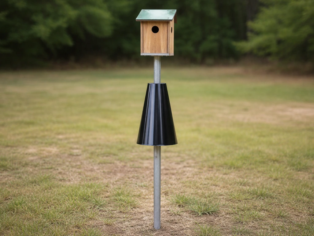 A nesting condo mounted on a smooth metal pole with a stovepipe-style predator baffle below.