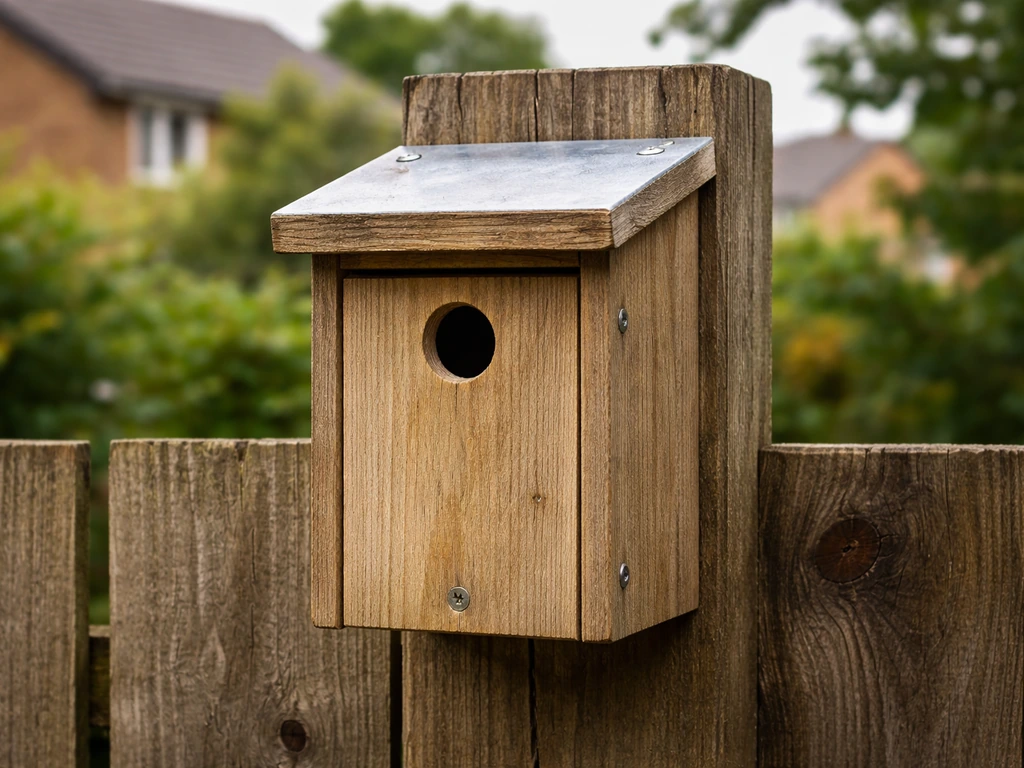 A finished house sparrow nesting box with a 32mm entrance mounted outdoors in a UK-style backyard