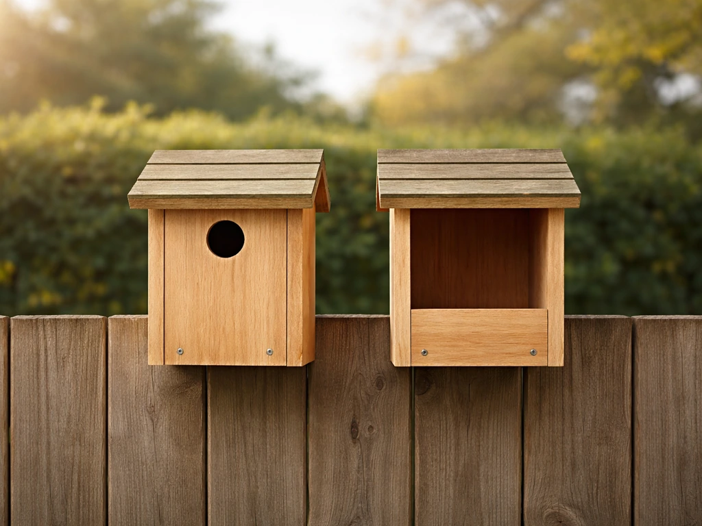 Two sparrow nesting boxes side-by-side: a closed-front box beside a more open incorrect style.