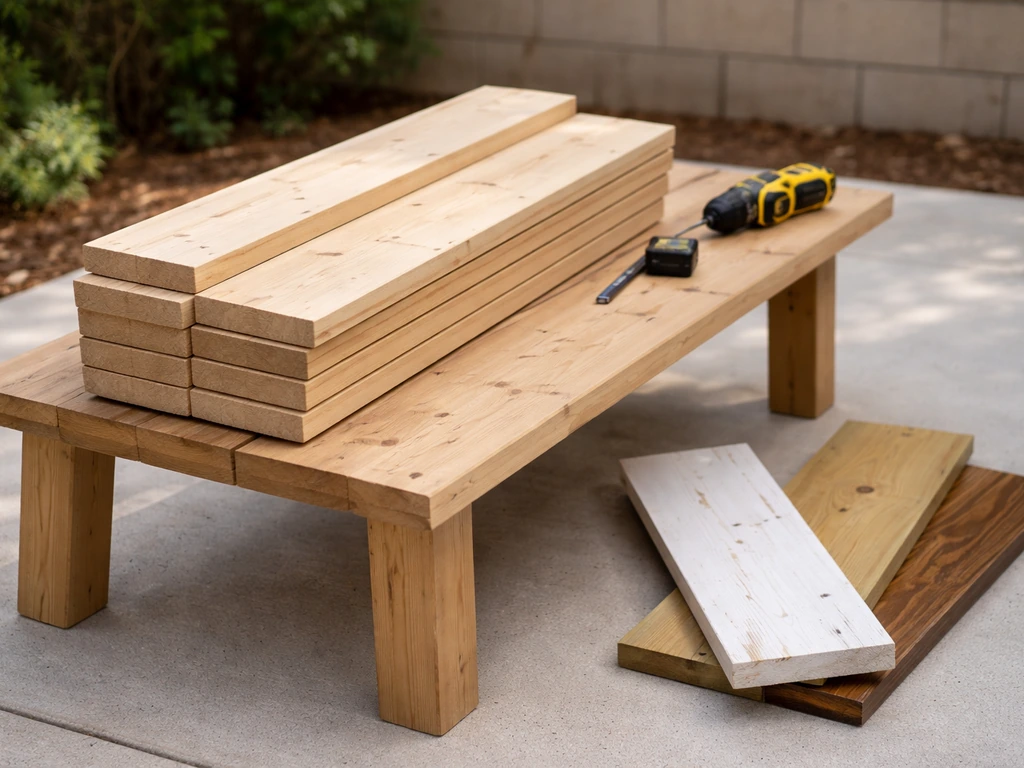 Untreated rough-sawn softwood boards laid beside unsuitable treated boards on a simple outdoor workbench.