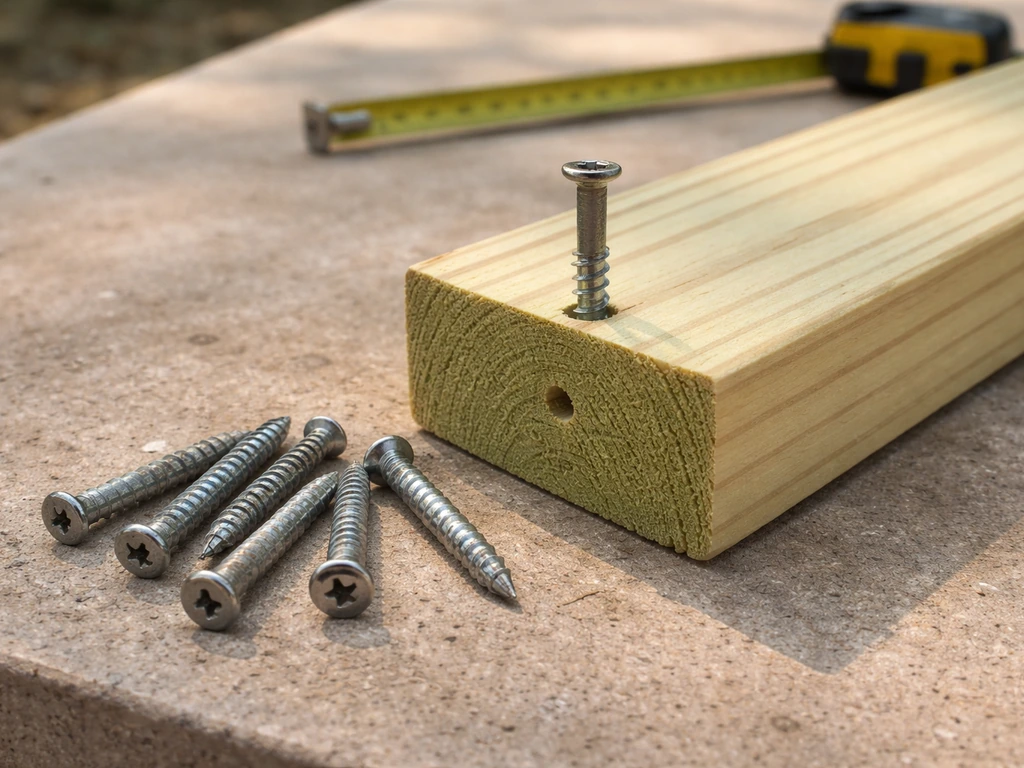 Stainless and galvanized screws beside treated wood on a work surface during assembly prep.